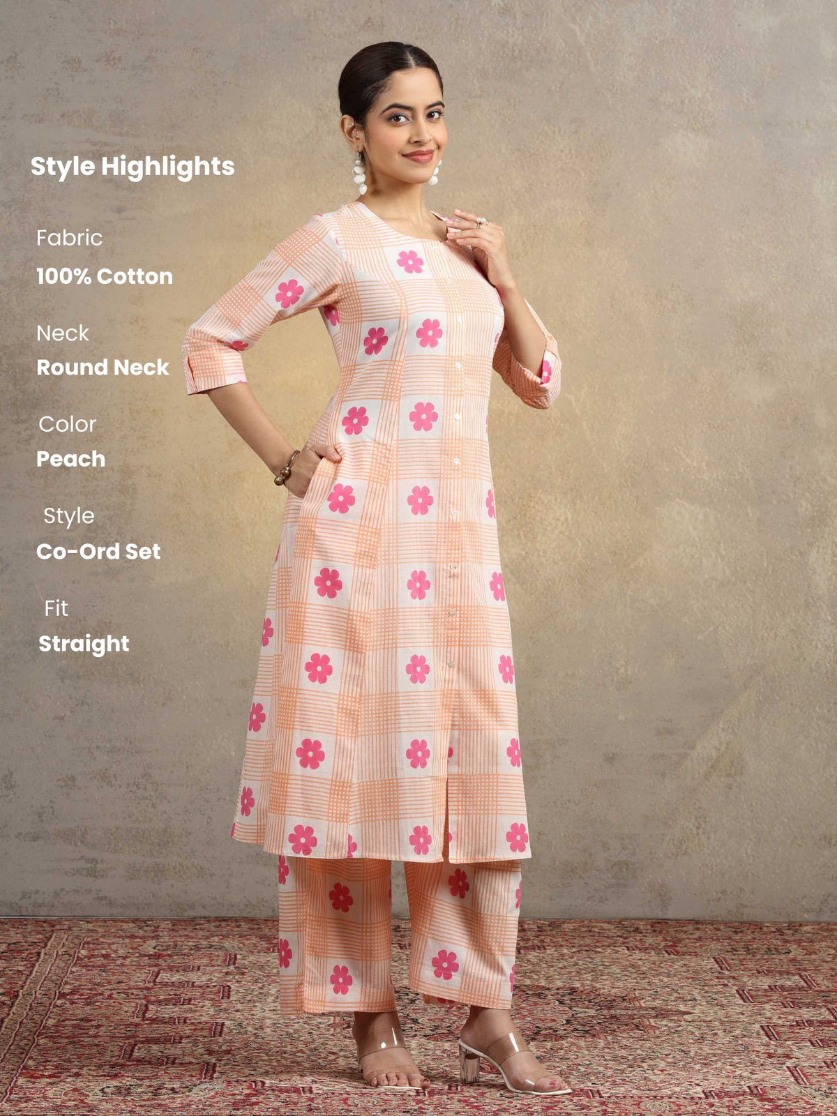 Peach Floral Checkered Pure Cotton Straight Co-Ord Set