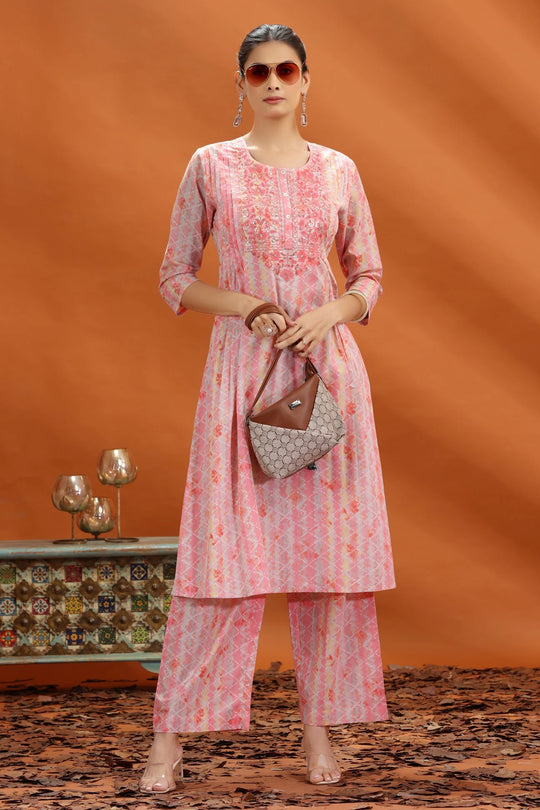 Peach Jaipuri Cotton Embroidered A Line kurta and pant set for women and girls