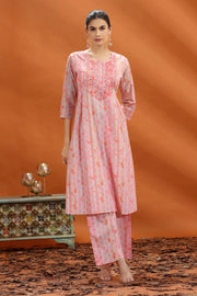 Peach Jaipuri Cotton Embroidered A Line kurta and pant set for women and girls