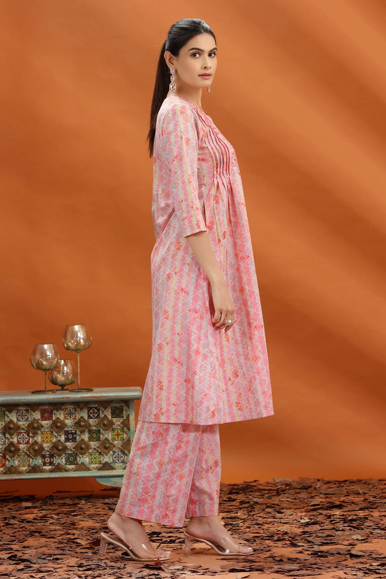 Peach Jaipuri Cotton Embroidered A Line kurta and pant set for women and girls