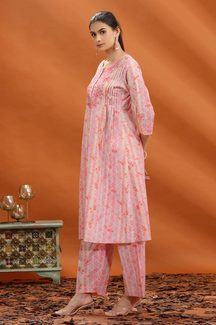Peach Jaipuri Cotton Embroidered A Line kurta and pant set for women and girls
