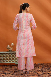Peach Jaipuri Cotton Embroidered A Line kurta and pant set for women and girls