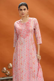 Peach Jaipuri Cotton Embroidered A Line kurta and pant set for women and girls