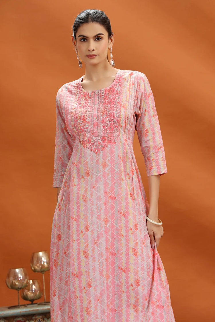 Peach Jaipuri Cotton Embroidered A Line kurta and pant set for women and girls