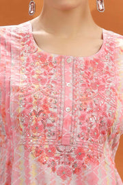 Peach Jaipuri Cotton Embroidered A Line kurta and pant set for women and girls