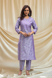 Periwinkle PolySilk Straight Embroidered Kurta Pant Co ord Set