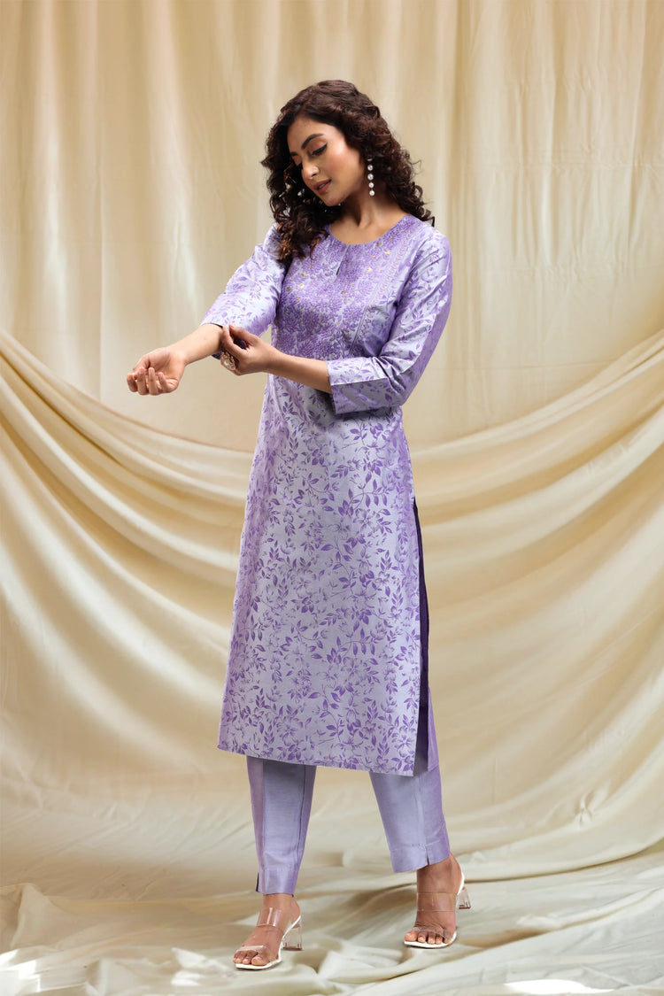Periwinkle PolySilk Straight Embroidered Kurta Pant Co ord Set