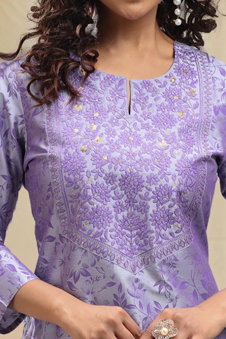 Periwinkle PolySilk Straight Embroidered Kurta Pant Co ord Set