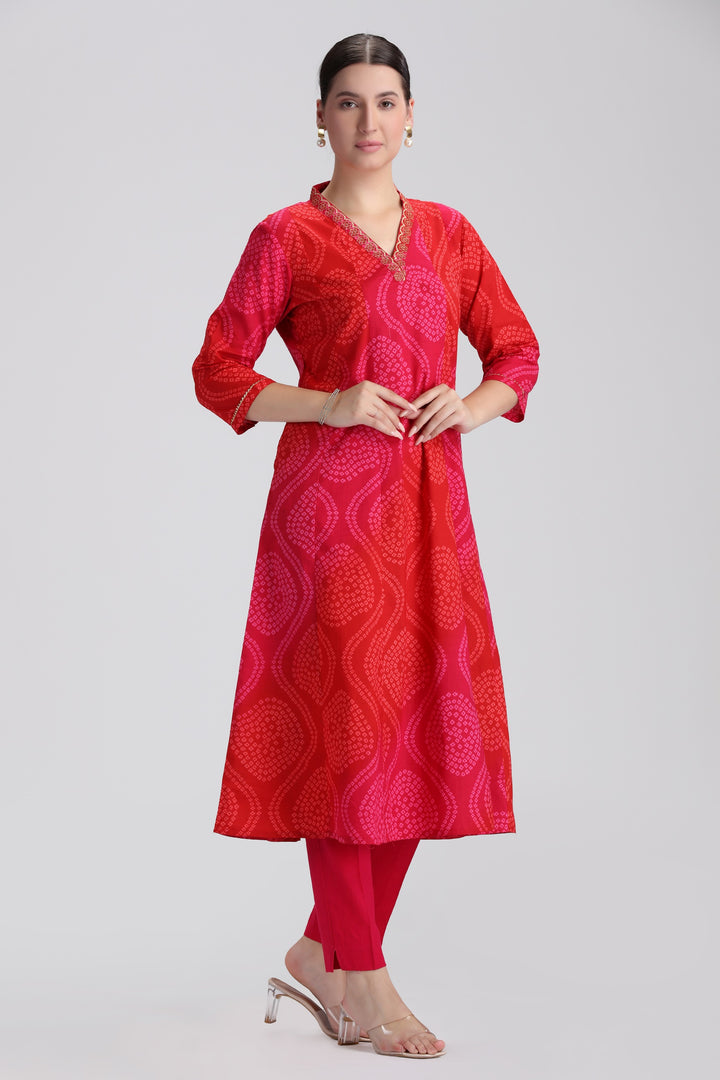 Pink Bandhani Printed A Line Kurta