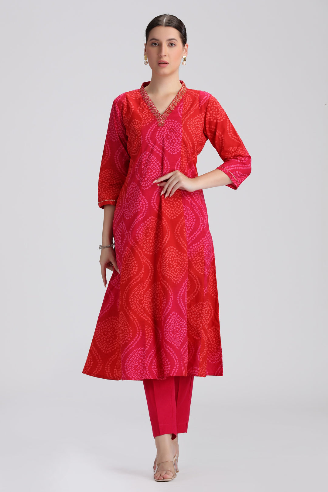 Pink Bandhani Printed A Line Kurta