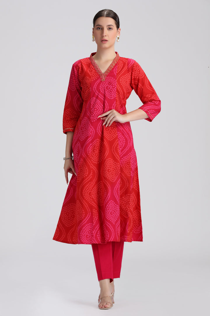 Pink Bandhani Printed A Line Kurta