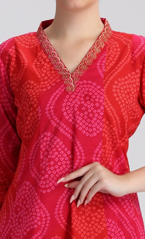 Pink Bandhani Printed A Line Kurta