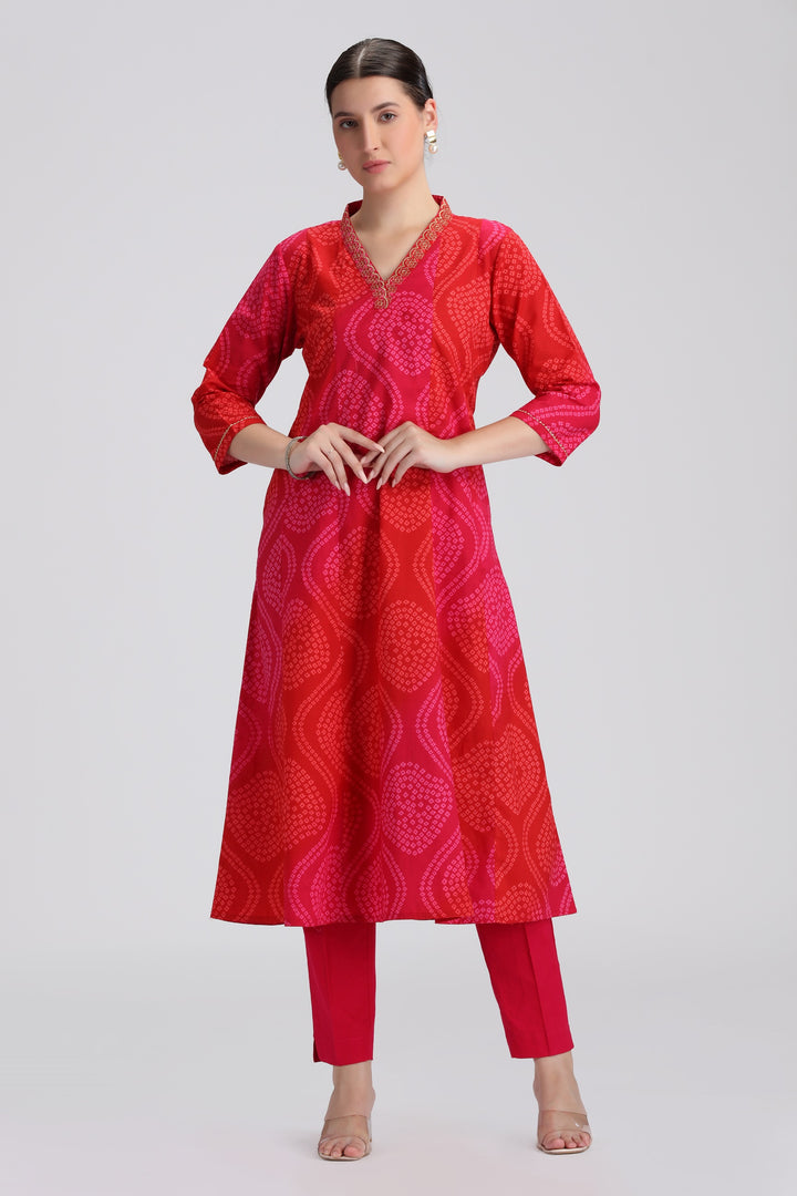 Pink Bandhani Printed A Line Kurta