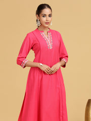 Pink Embroidered A-Line Cotton Co-ord Set