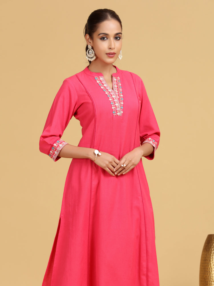 Pink Embroidered A-Line Cotton Co-ord Set