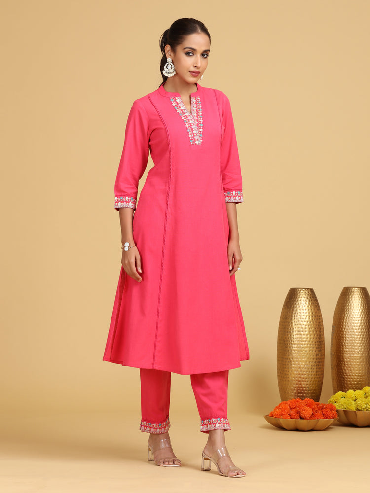 Pink Embroidered A-Line Cotton Co-ord Set