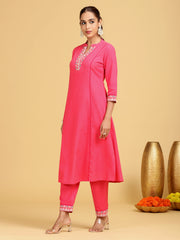 Pink Embroidered A-Line Cotton Co-ord Set