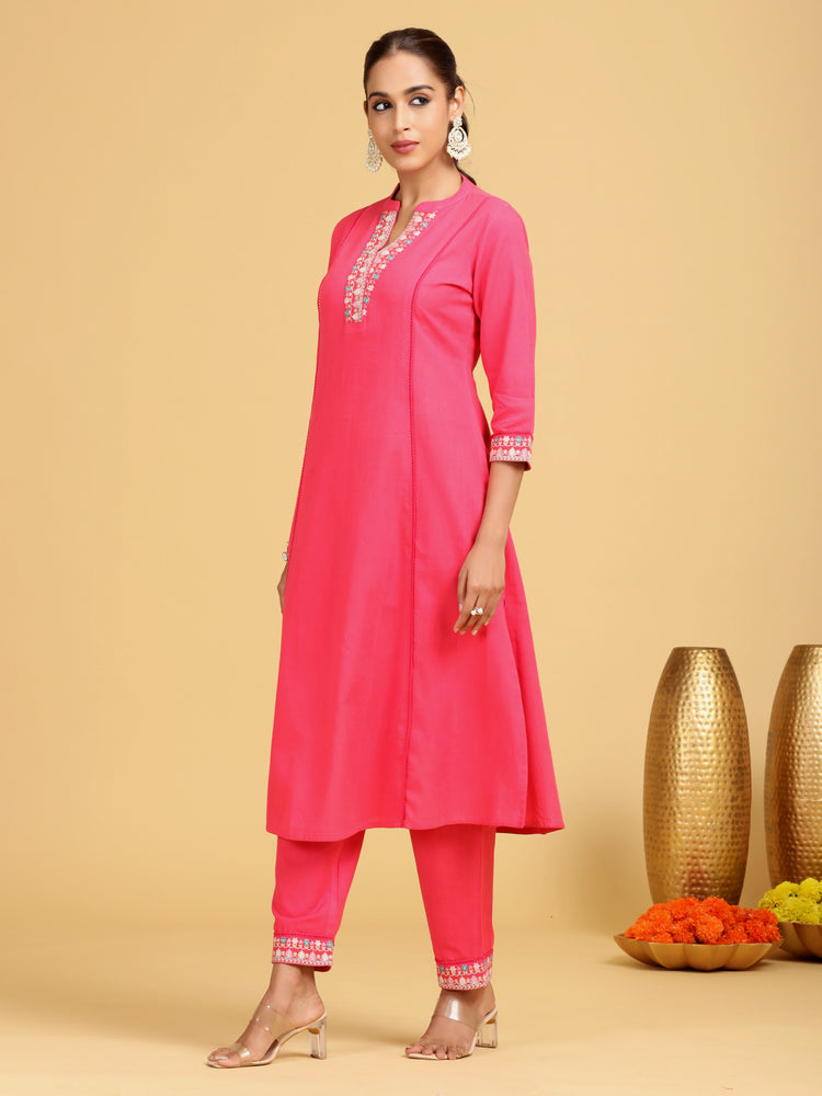 Pink Embroidered A-Line Cotton Co-ord Set