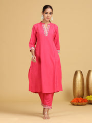 Pink Embroidered A-Line Cotton Co-ord Set