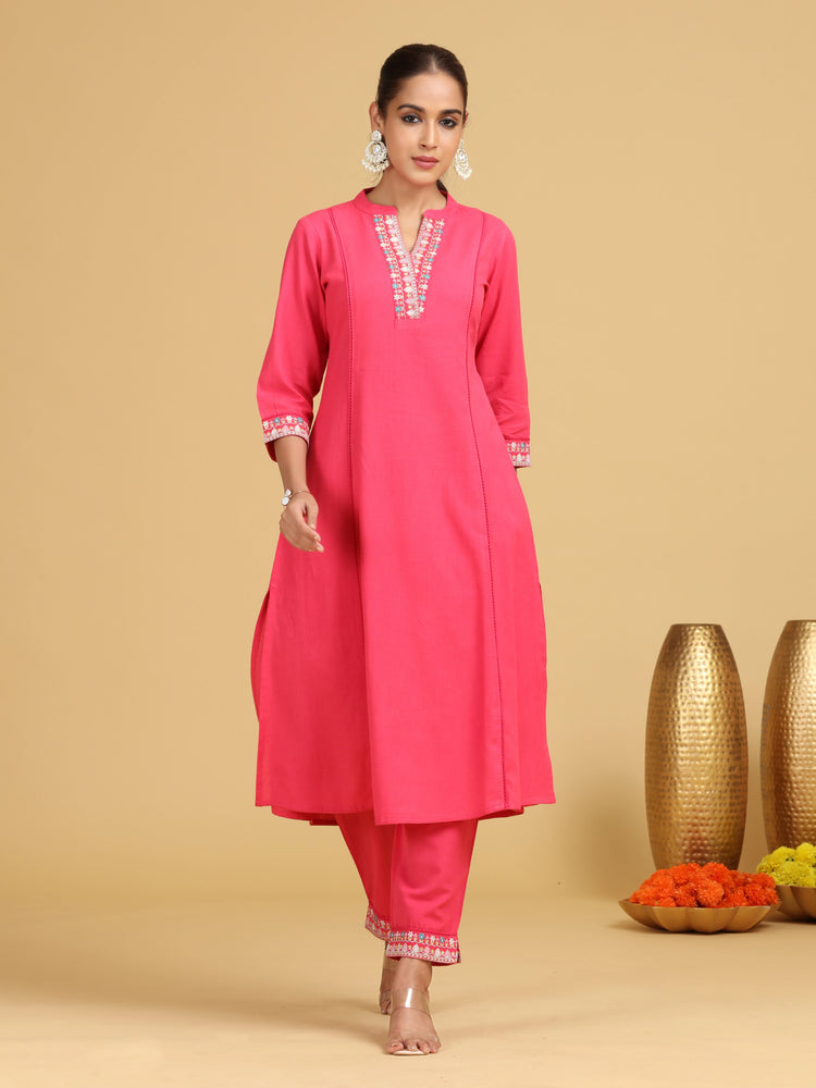 Pink Embroidered A-Line Cotton Co-ord Set