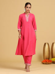 Pink Embroidered A-Line Cotton Co-ord Set
