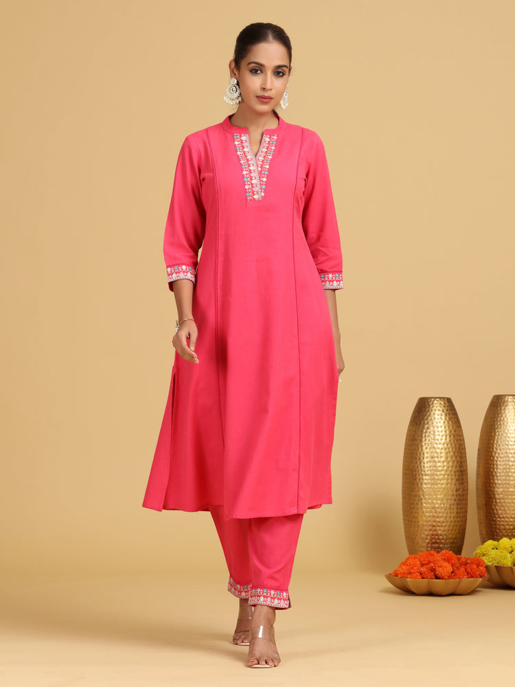 Pink Embroidered A-Line Cotton Co-ord Set