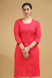 Pink Embroidered Cotton Straight Kurta