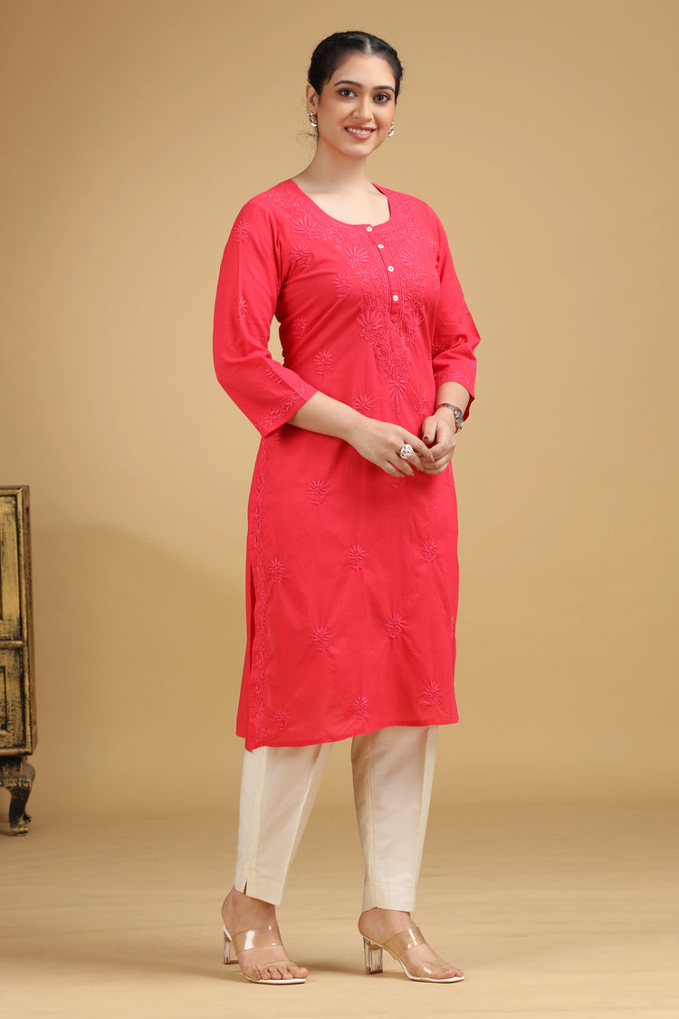 Pink Embroidered Cotton Straight Kurta