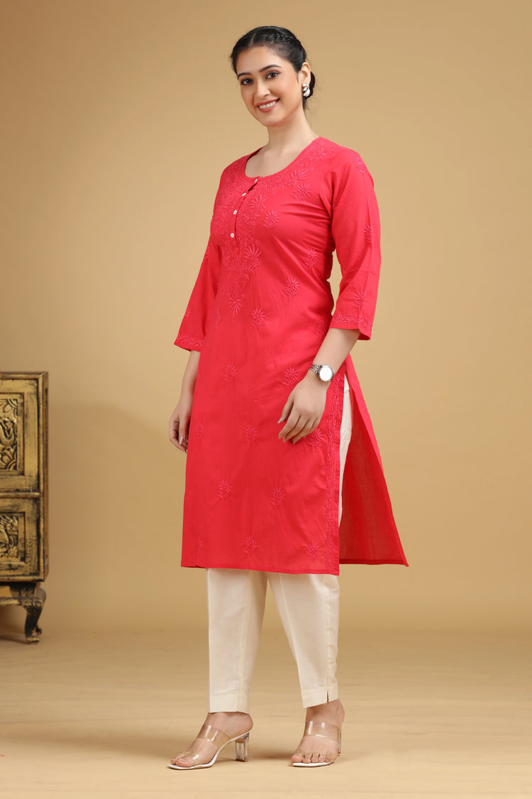 Pink Embroidered Cotton Straight Kurta