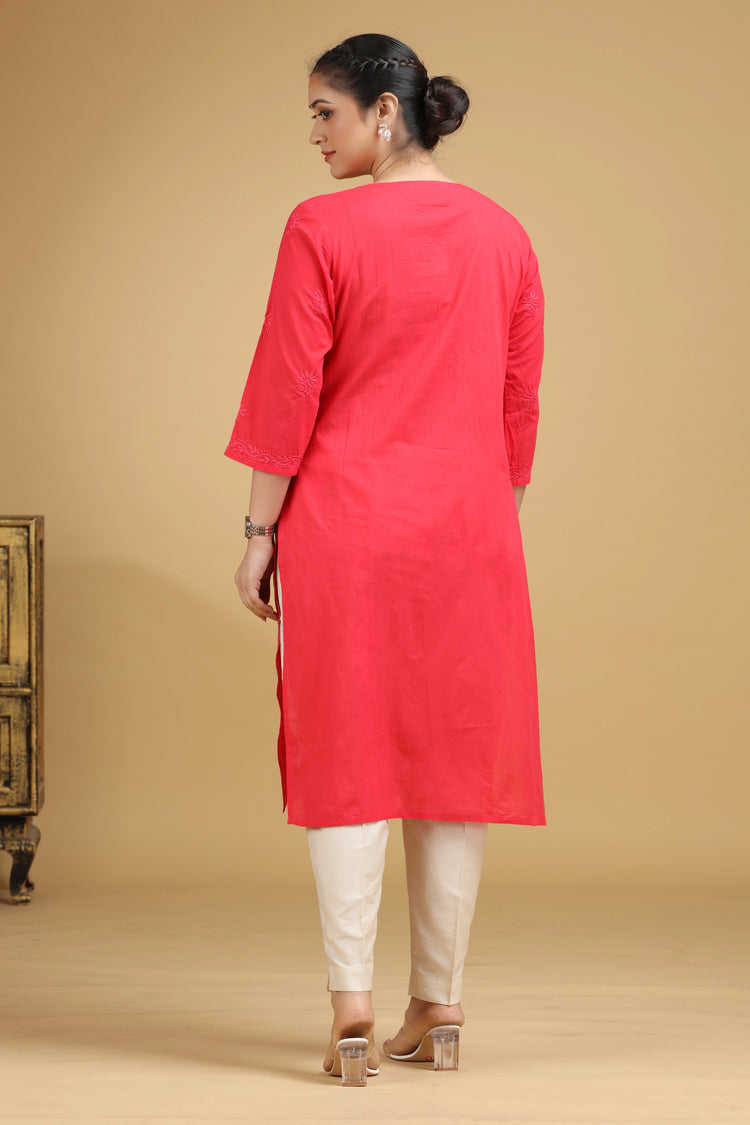 Pink Embroidered Cotton Straight Kurta