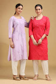 Pink Embroidered Cotton Straight Kurta
