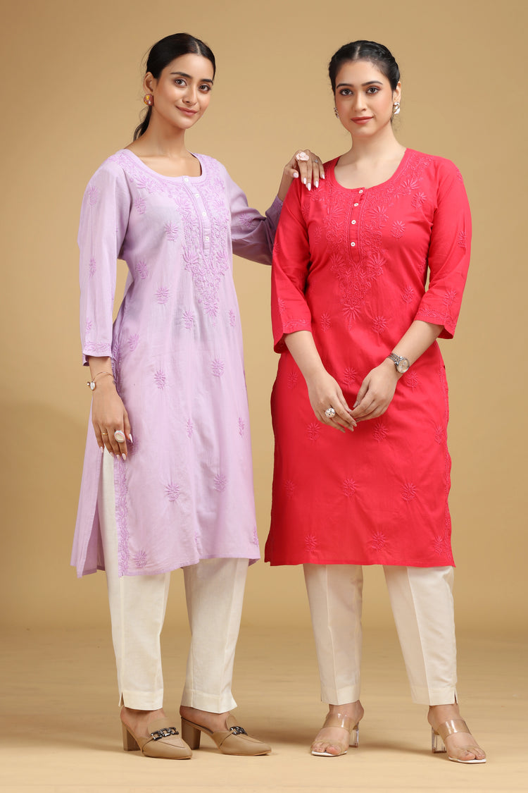 Pink Embroidered Cotton Straight Kurta