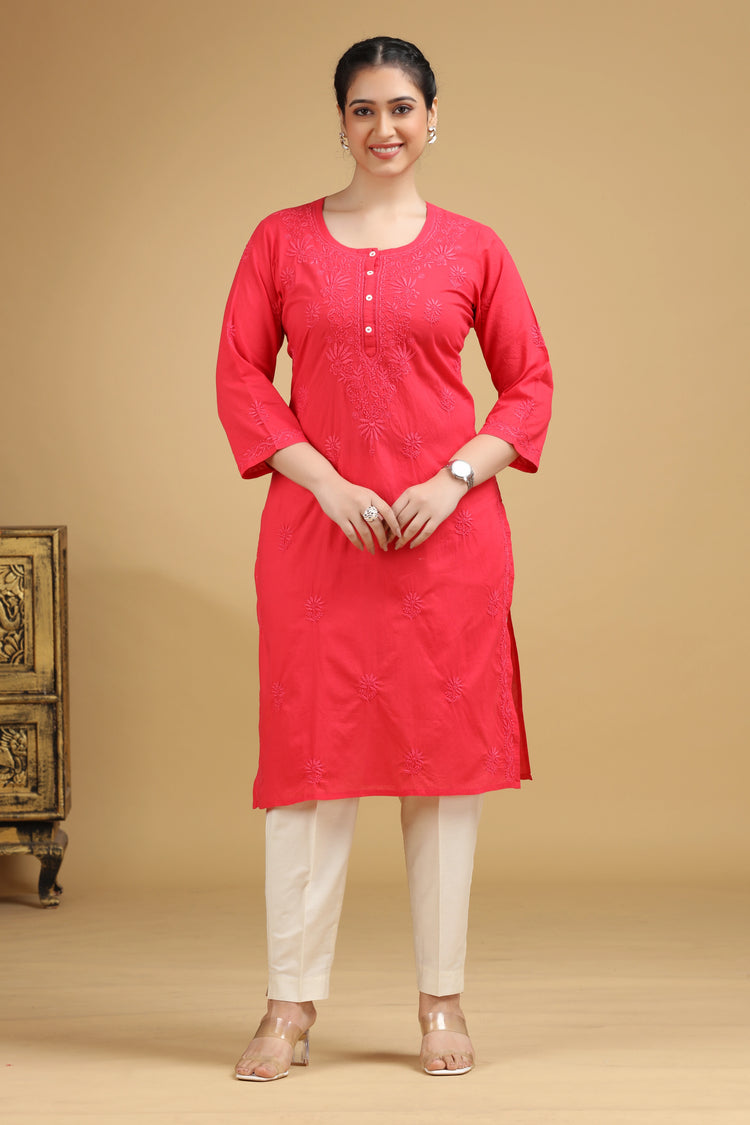 Pink Embroidered Cotton Straight Kurta