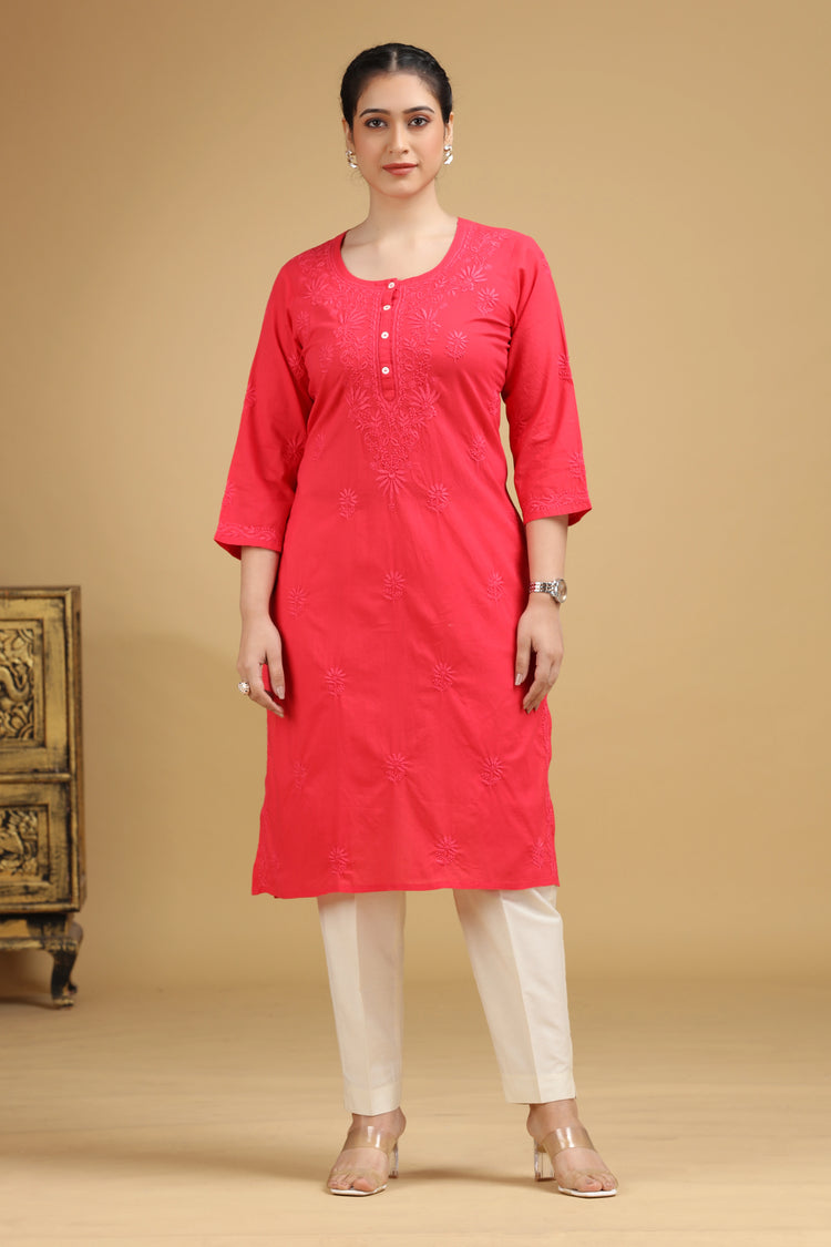 Pink Embroidered Cotton Straight Kurta