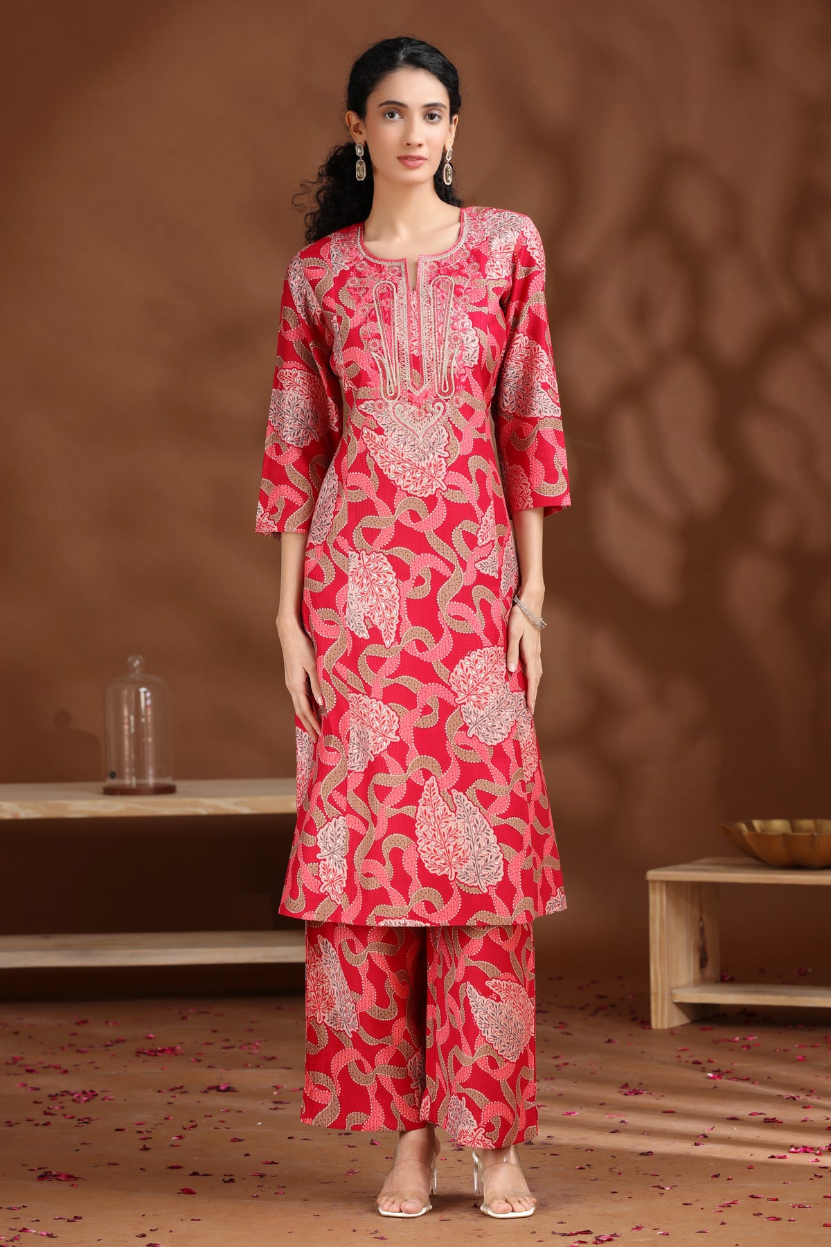 Pink Embroidered Straight Co-ord Set