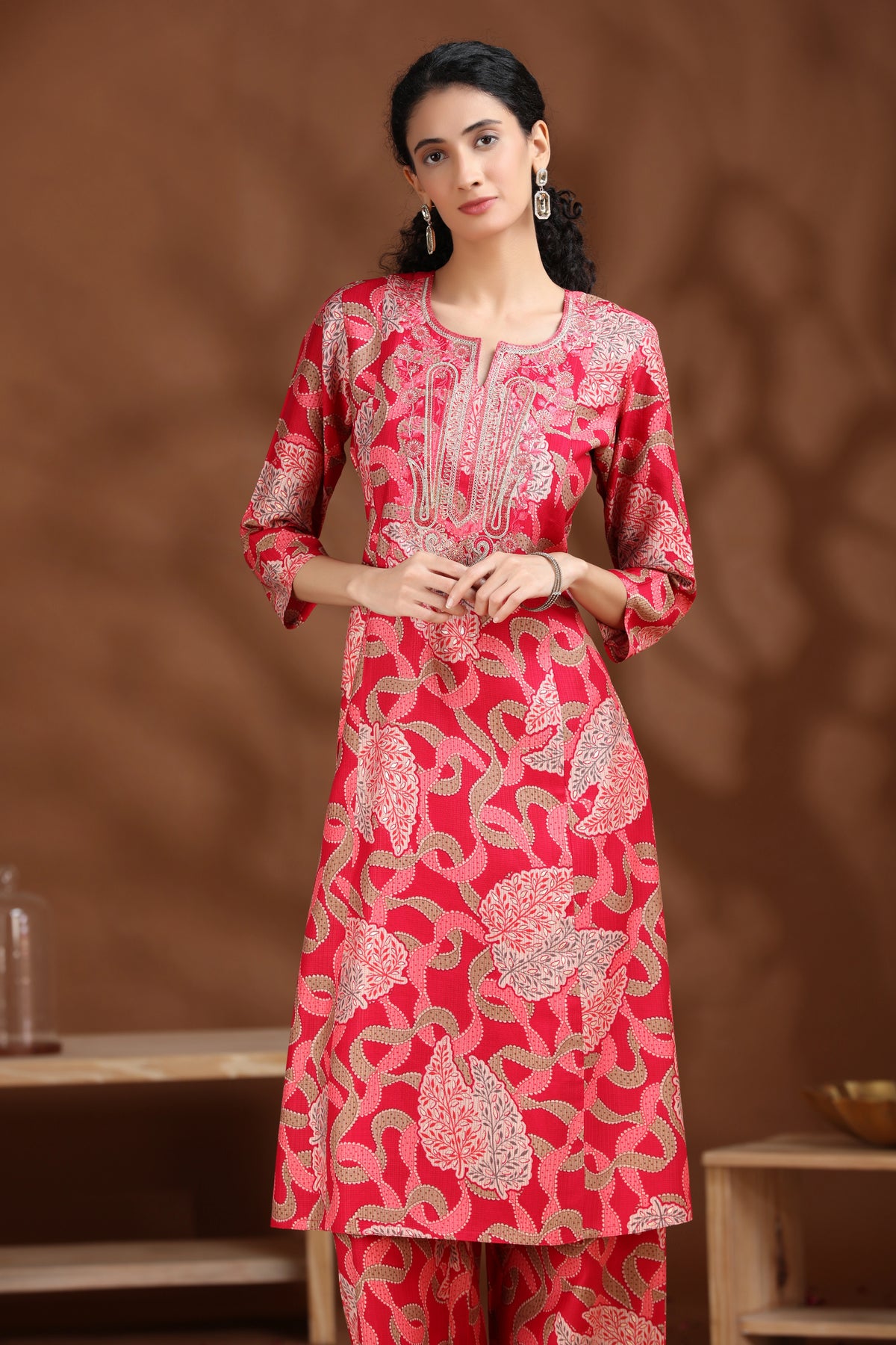 Pink Embroidered Straight Co-ord Set