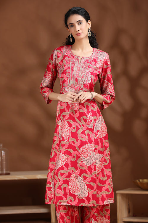 Pink Embroidered Straight Co-ord Set