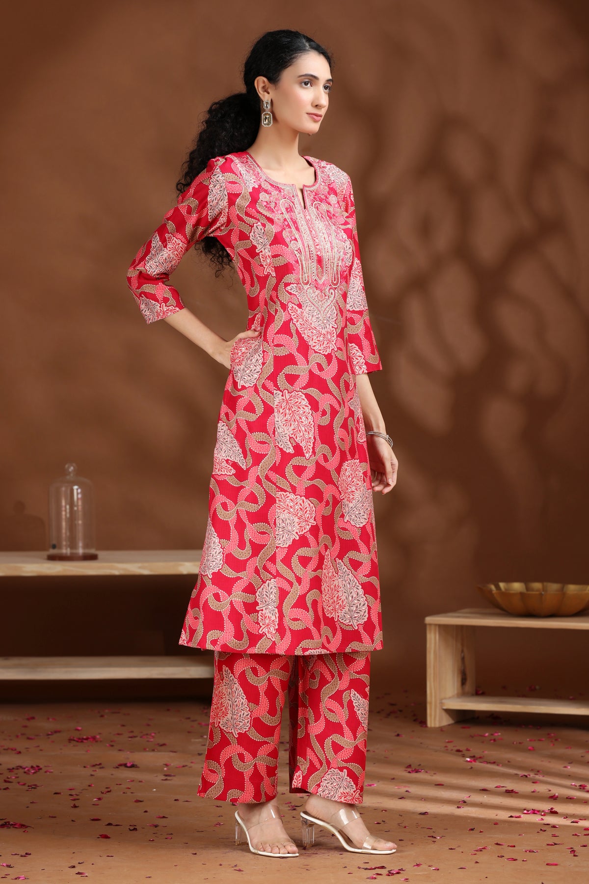 Pink Embroidered Straight Co-ord Set