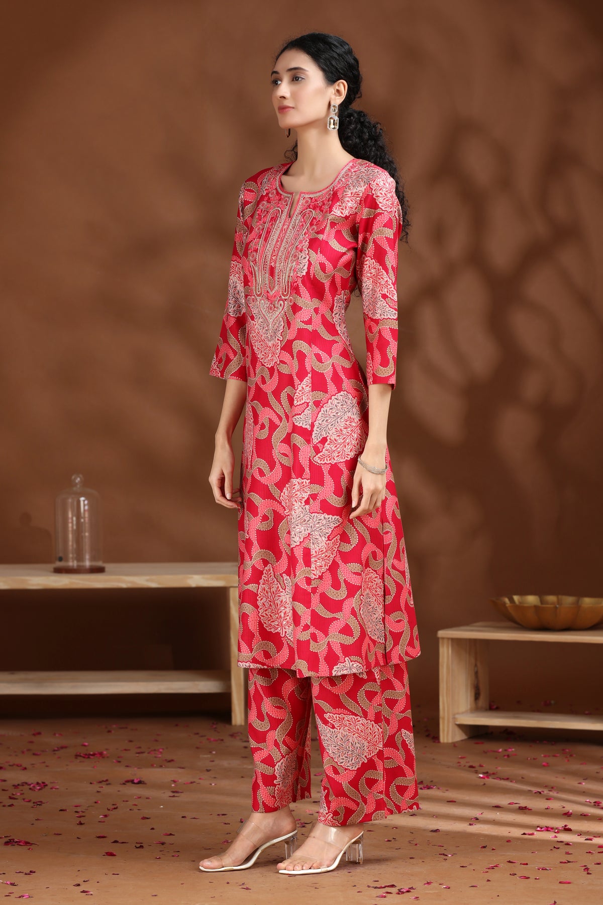Pink Embroidered Straight Co-ord Set