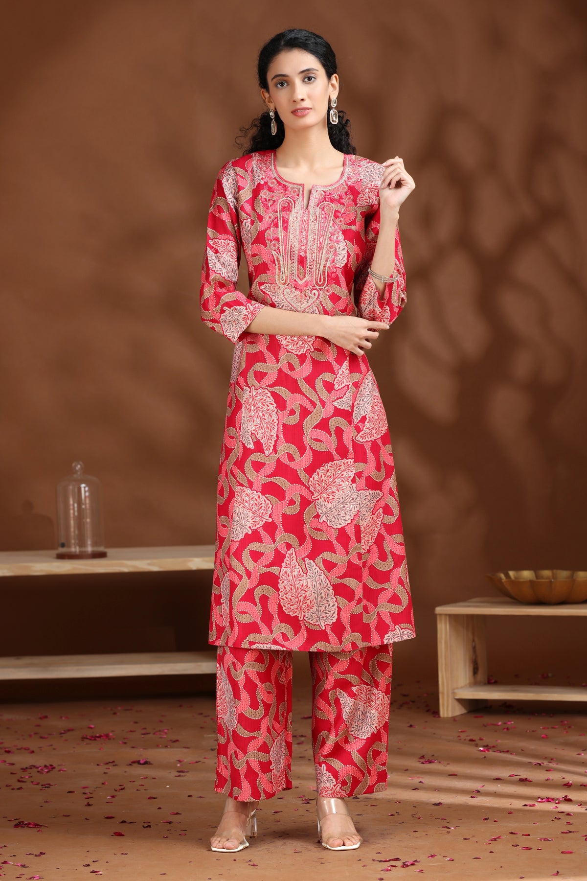 Pink Embroidered Straight Co-ord Set