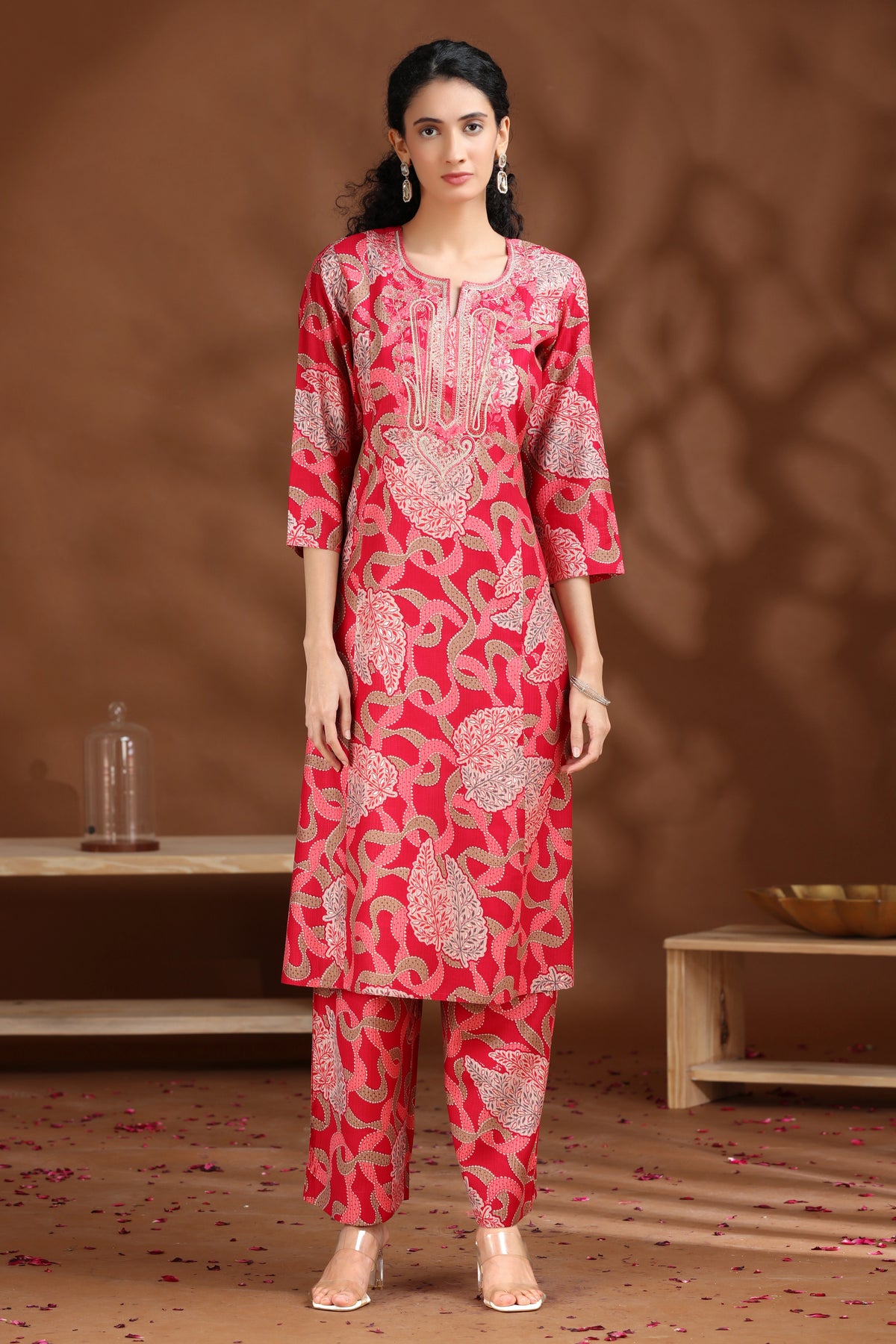 Pink Embroidered Straight Co-ord Set