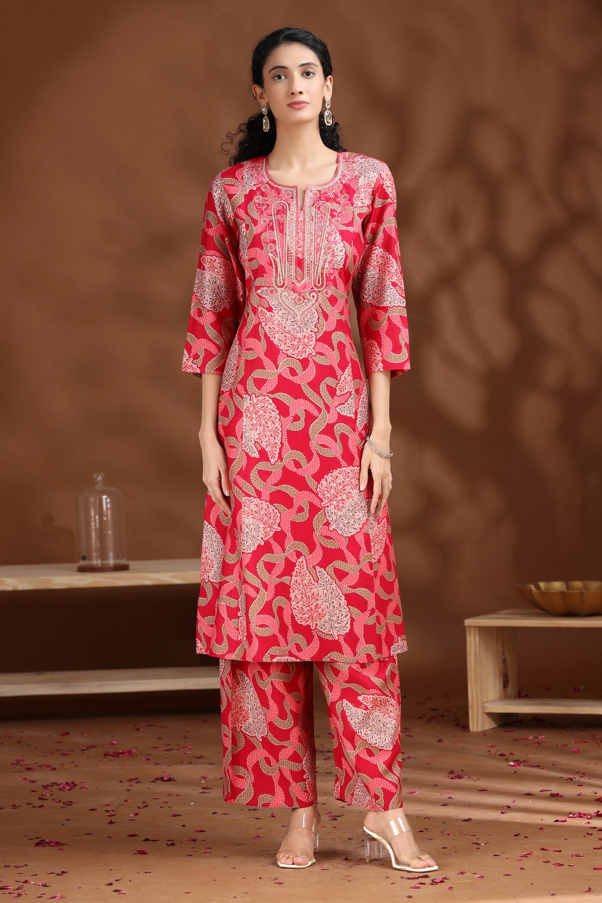 Pink Embroidered Straight Co-ord Set