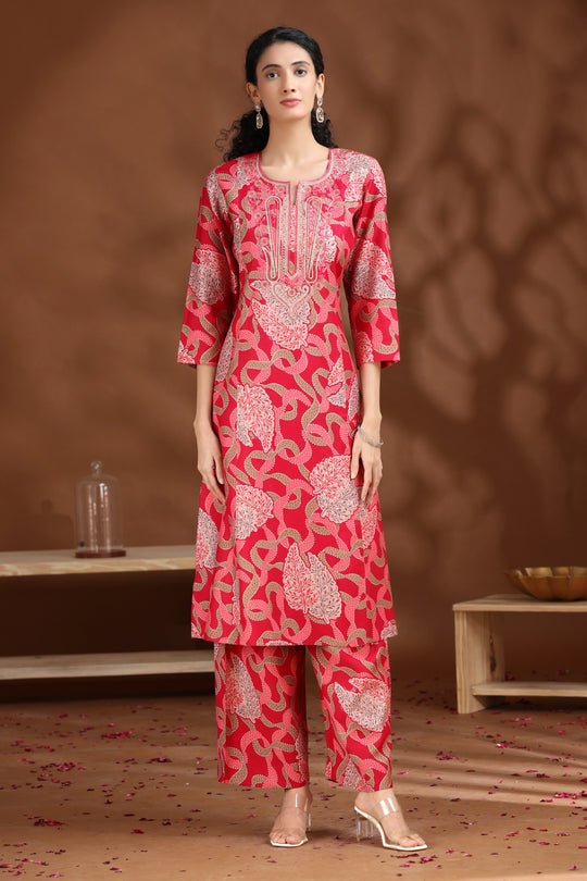 Pink Embroidered Straight Co-ord Set