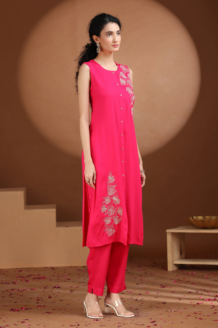 Pink Embroidered Straight Co ord Set