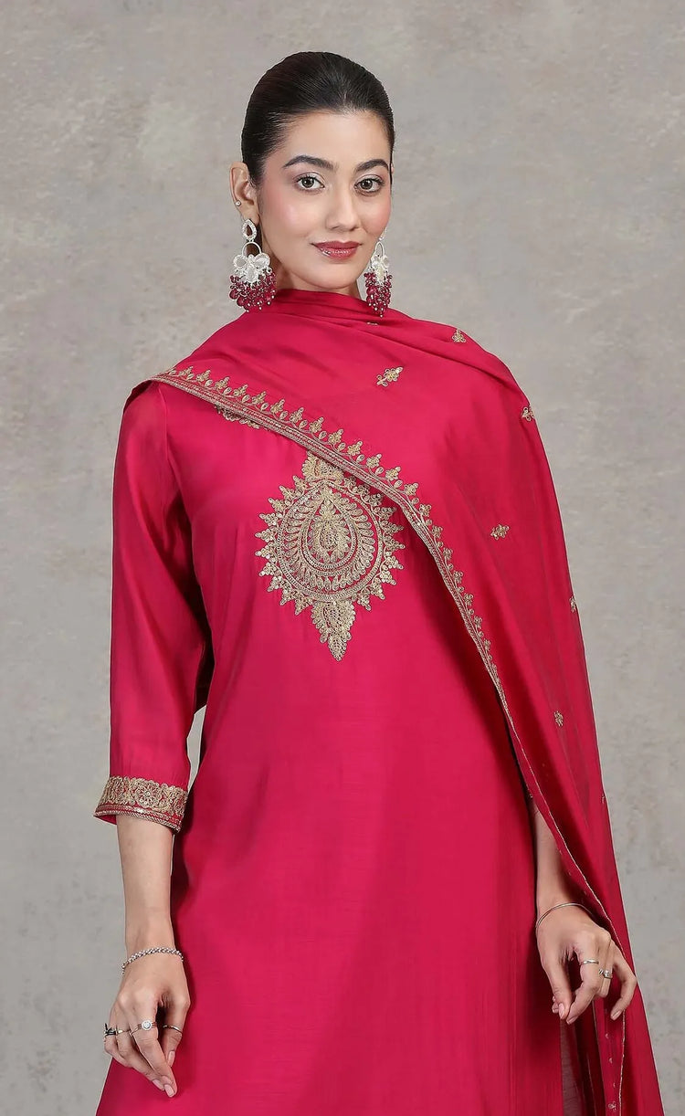 Pink Floral Embroidered A-Line Ethnic Set