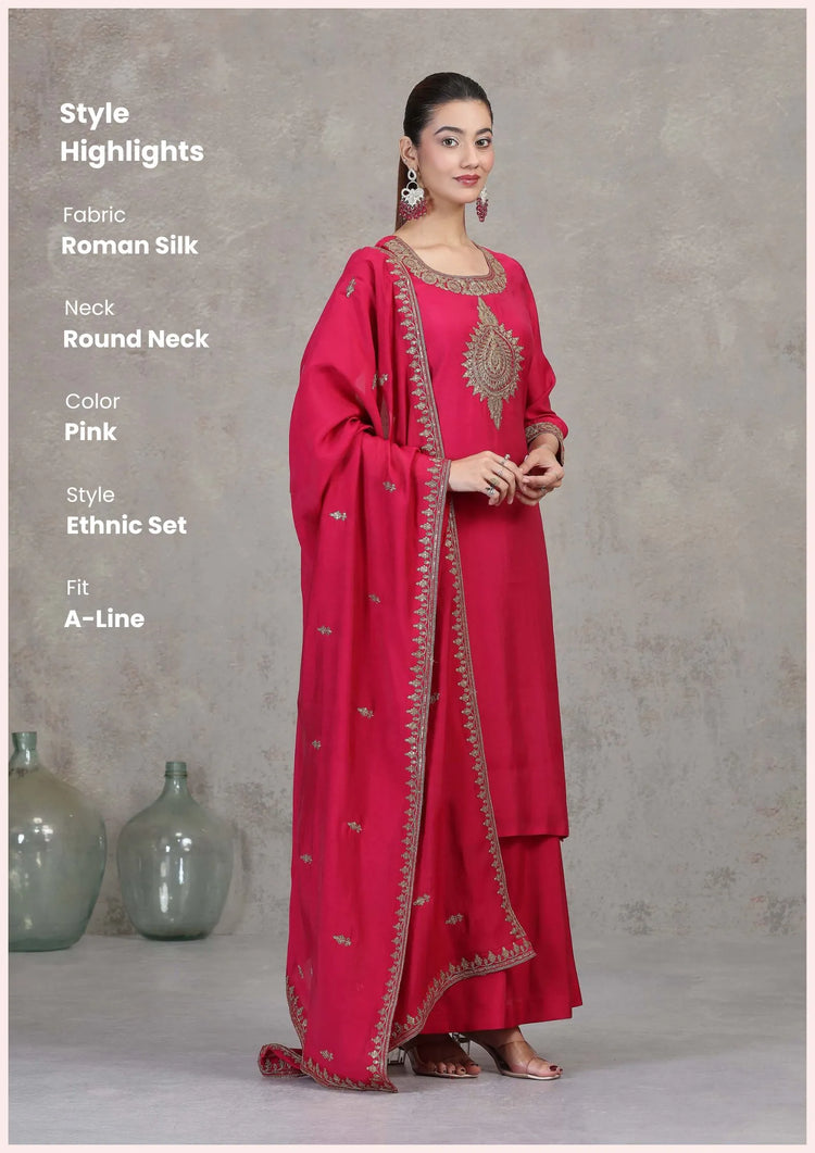Pink Floral Embroidered A-Line Ethnic Set