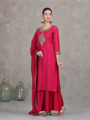 Pink Floral Embroidered A-Line Ethnic Set