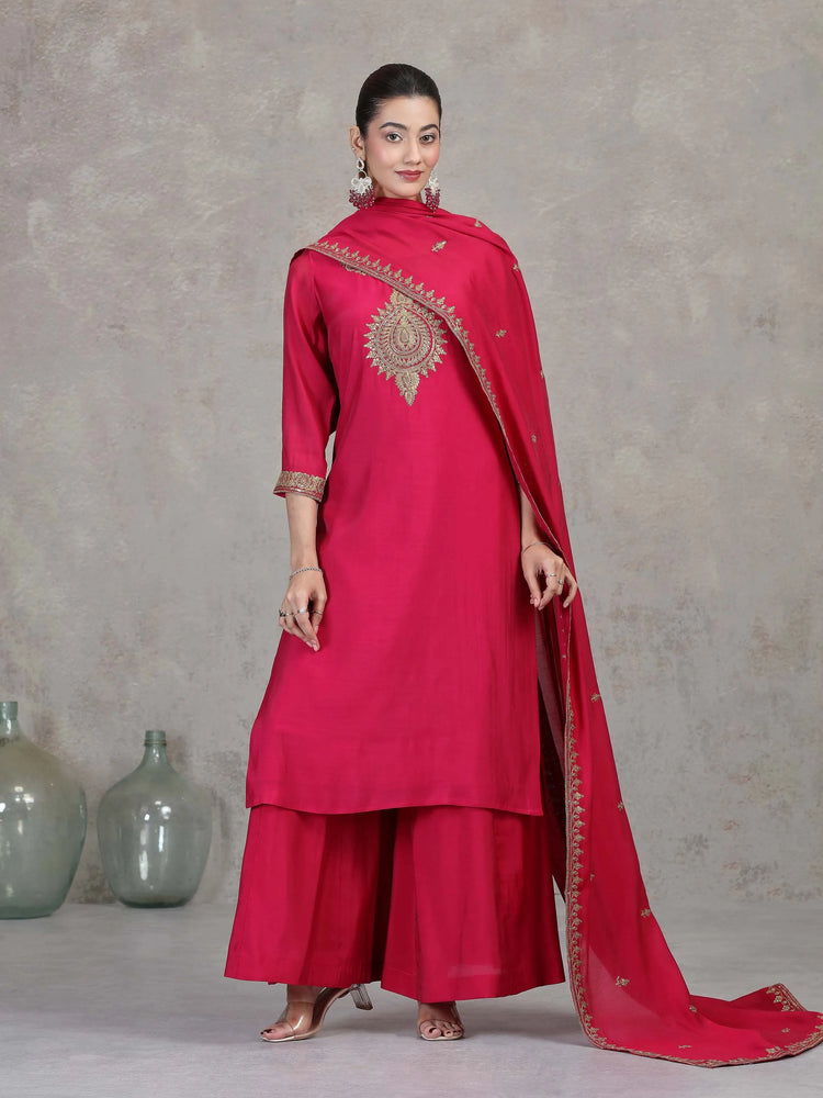 Pink Floral Embroidered A-Line Ethnic Set