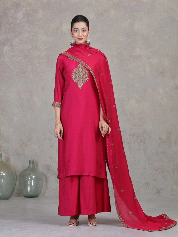 Pink Floral Embroidered A-Line Ethnic Set