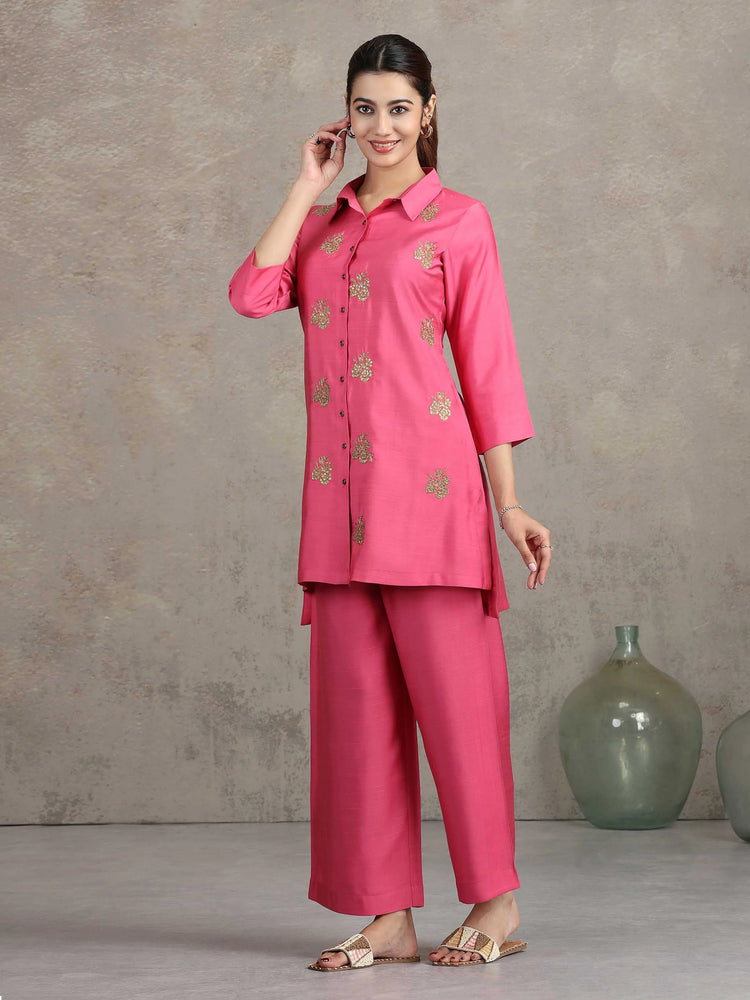 Pink Floral Embroidered Straight Co-ord Set